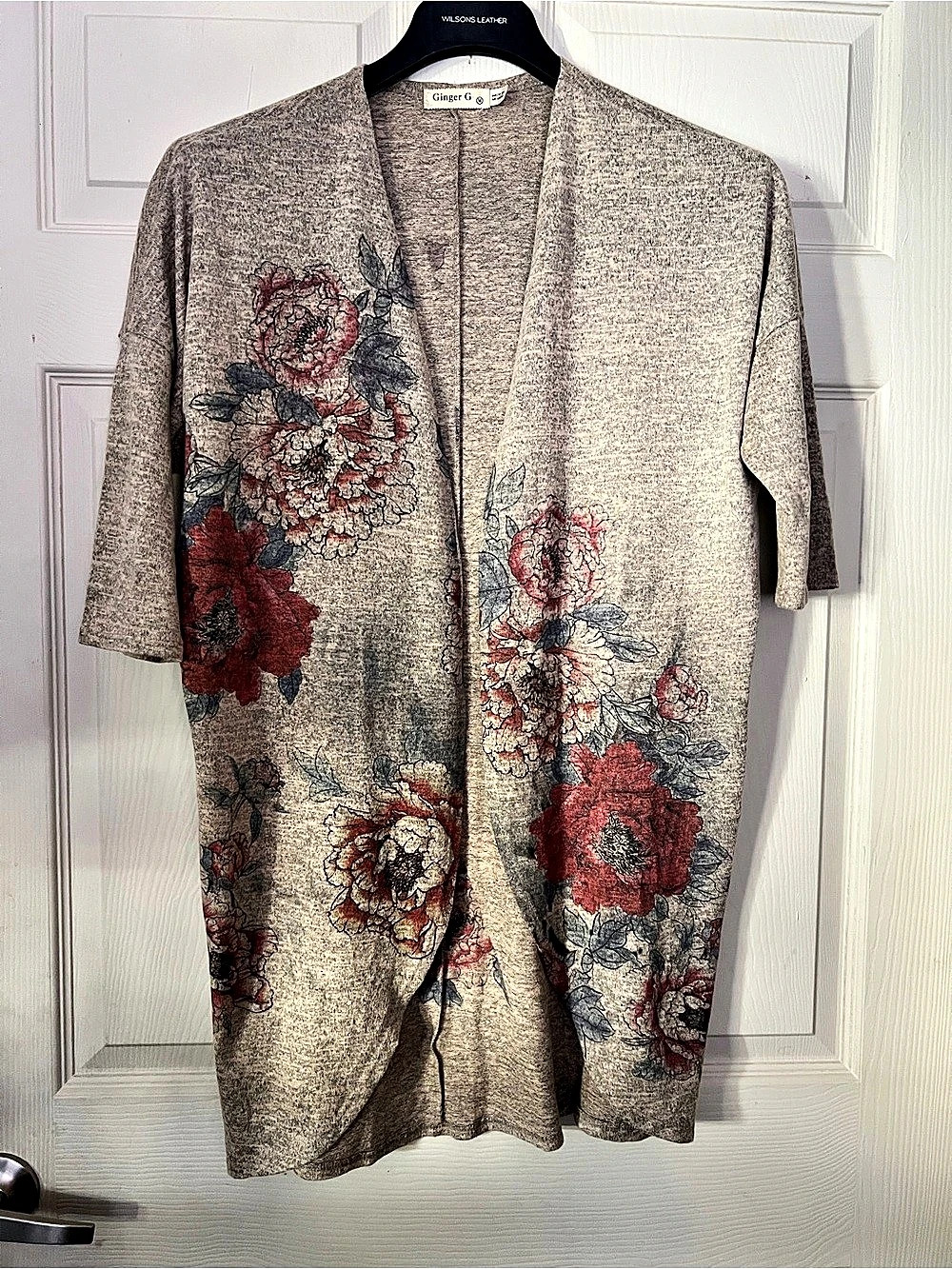 Ginger G Open Front Floral Print Cardigan Floral Open Front Cardigan in Beige &